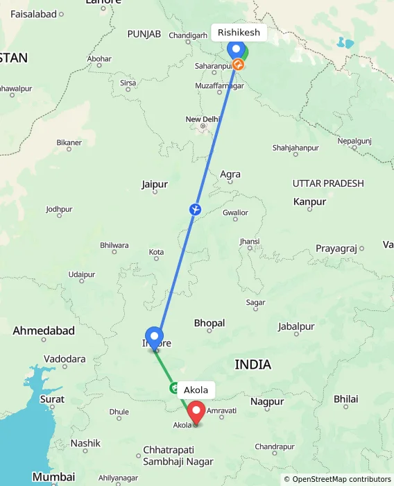 Route map showing distance and travel time from Rishikesh, India to Akola, India