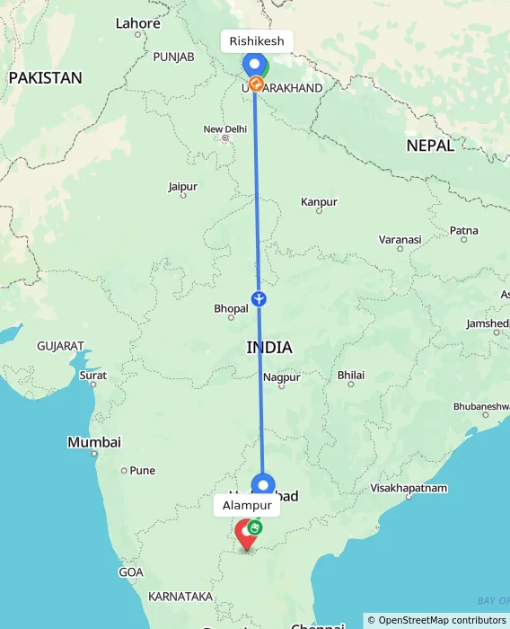 Route map showing distance and travel time from Rishikesh, India to Alampur, India