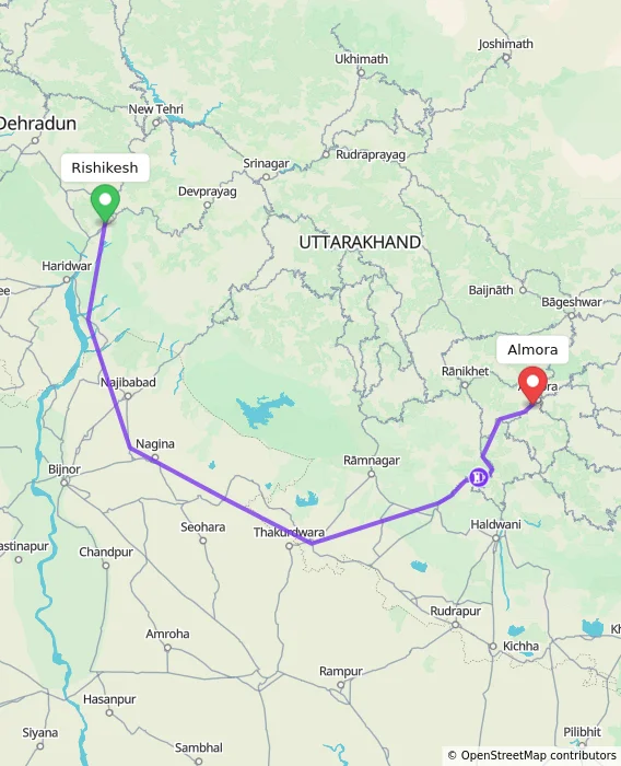 Route map showing distance and travel time from Rishikesh, India to Almora, India