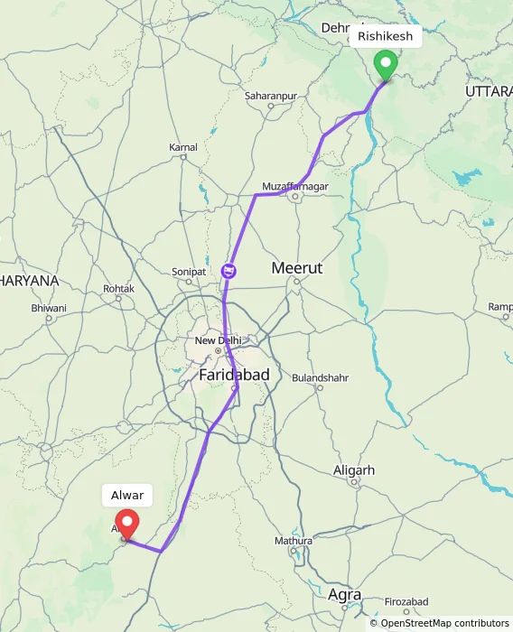 Route map showing distance and travel time from Rishikesh, India to Alwar, India