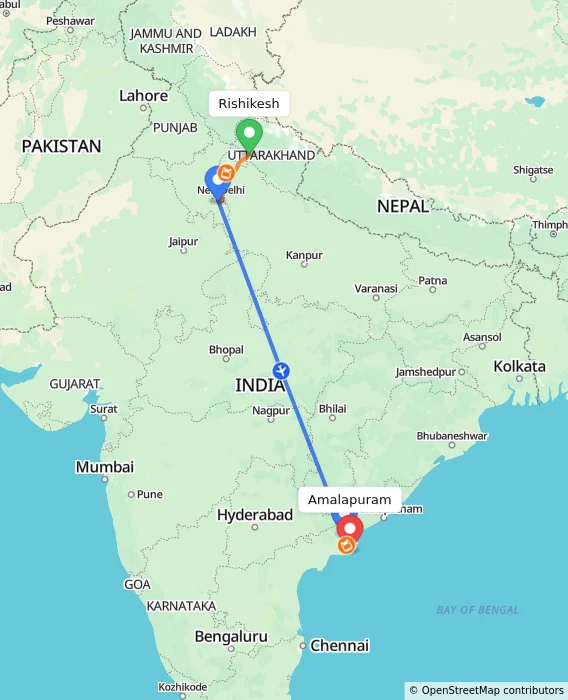Route map showing distance and travel time from Rishikesh, India to Amalapuram, India
