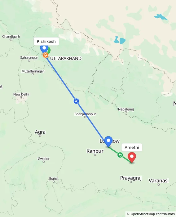 Route map showing distance and travel time from Rishikesh, India to Amethi, India