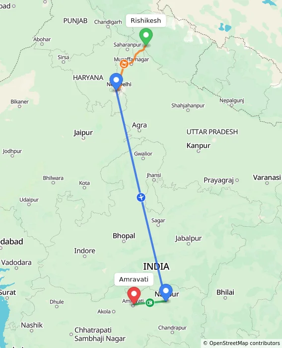 Route map showing distance and travel time from Rishikesh, India to Amravati, India