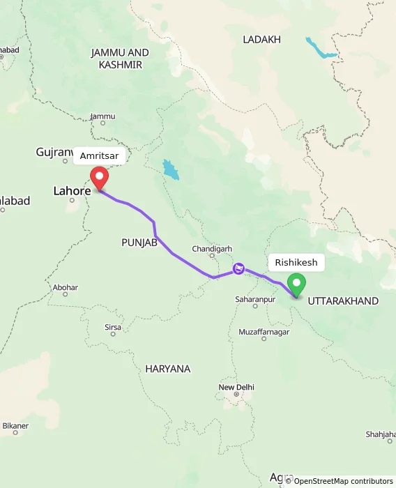 Route map showing distance and travel time from Rishikesh, India to Amritsar, India