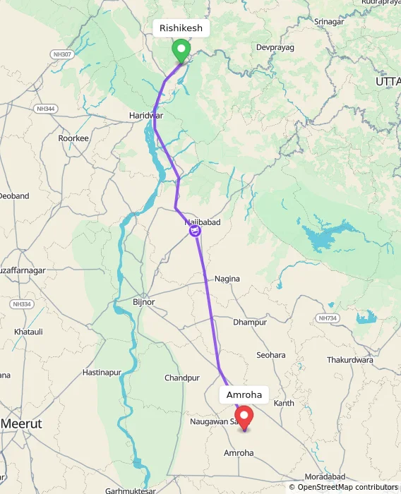 Route map showing distance and travel time from Rishikesh, India to Amroha, India