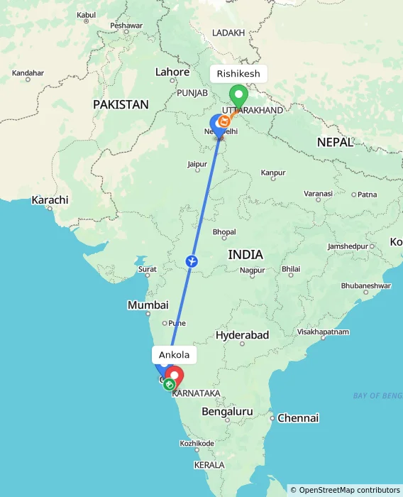 Route map showing distance and travel time from Rishikesh, India to Ankola, India