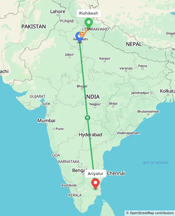 Route map showing distance and travel time from Rishikesh, India to Ariyalur, India