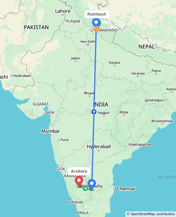 Route map showing distance and travel time from Rishikesh, India to Arsikere, India