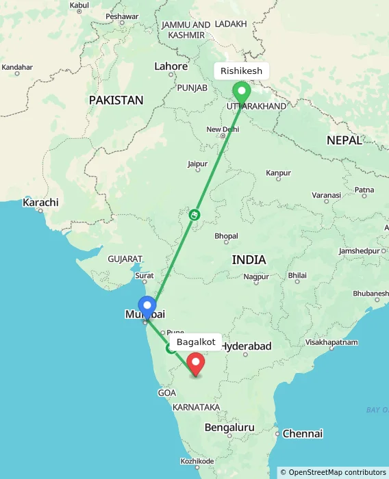 Route map showing distance and travel time from Rishikesh, India to Bagalkot, India