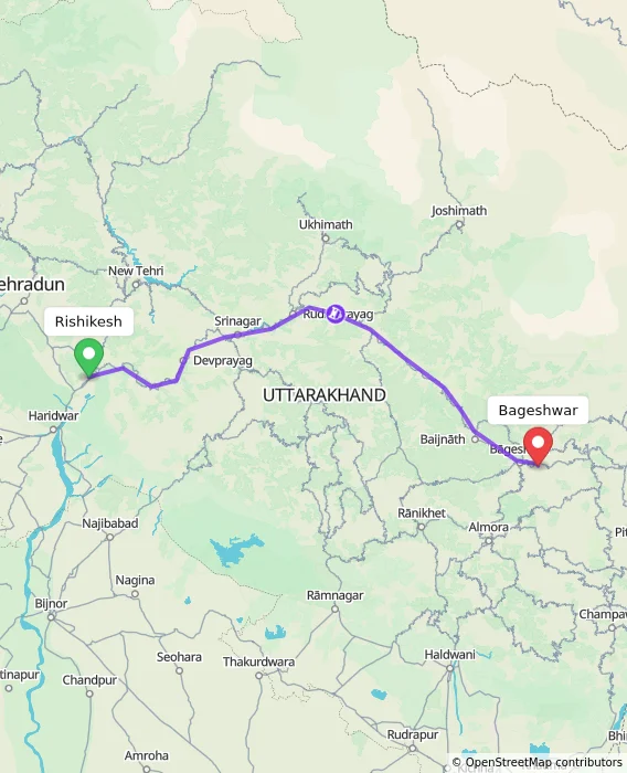 Route map showing distance and travel time from Rishikesh, India to Bageshwar, India