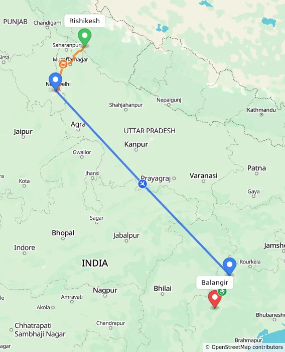 Route map showing distance and travel time from Rishikesh, India to Balangir, India