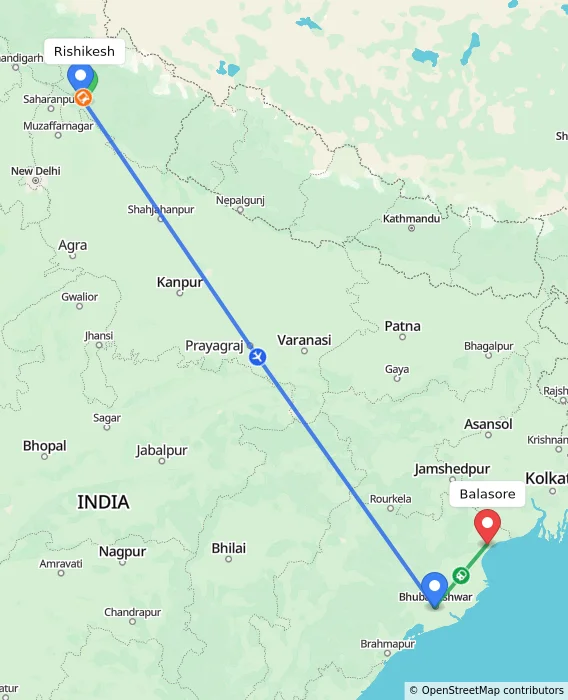 Route map showing distance and travel time from Rishikesh, India to Balasore, India