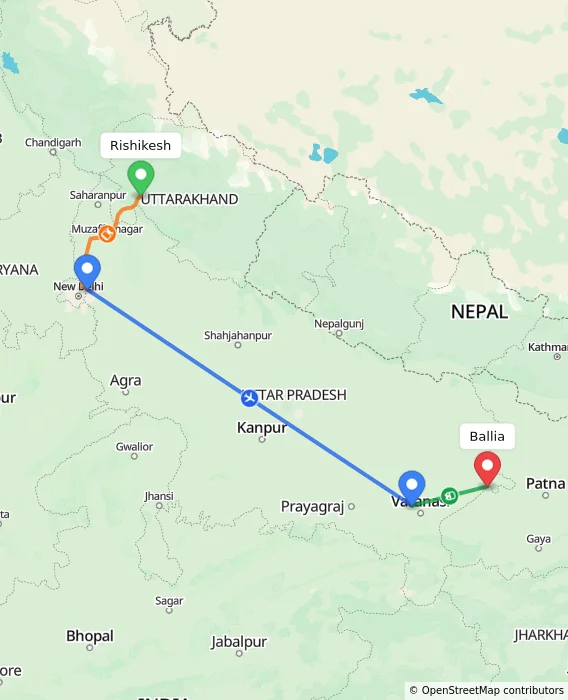 Route map showing distance and travel time from Rishikesh, India to Ballia, India