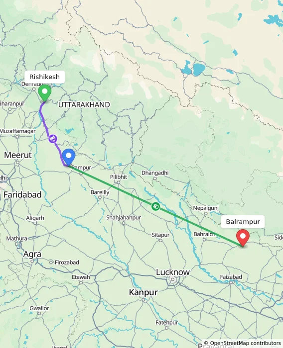 Route map showing distance and travel time from Rishikesh, India to Balrampur, India