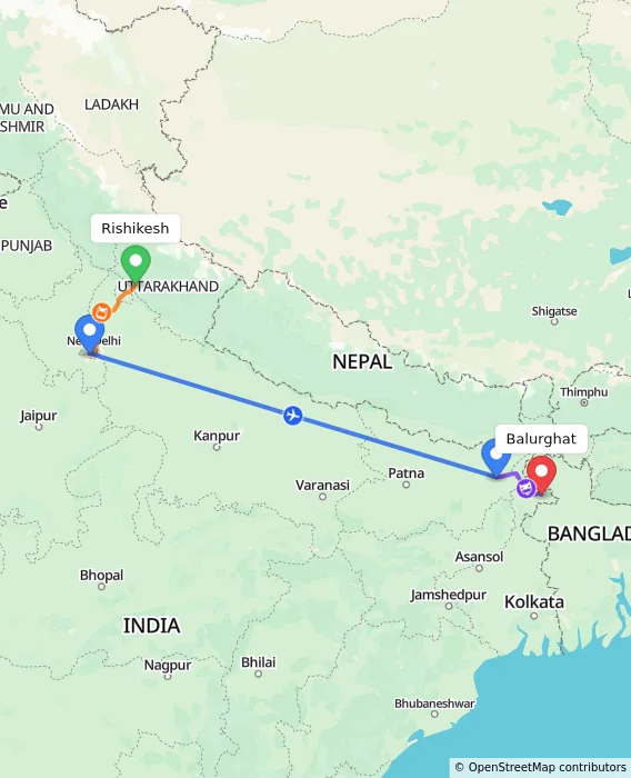Route map showing distance and travel time from Rishikesh, India to Balurghat, India