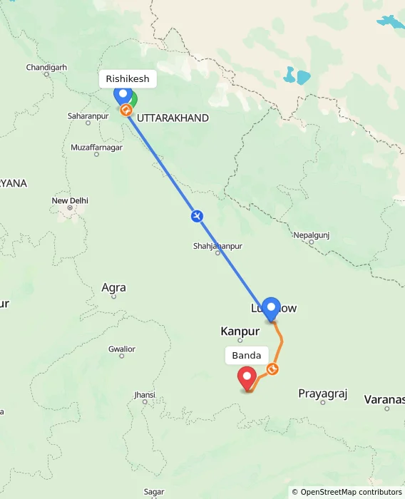 Route map showing distance and travel time from Rishikesh, India to Banda, India