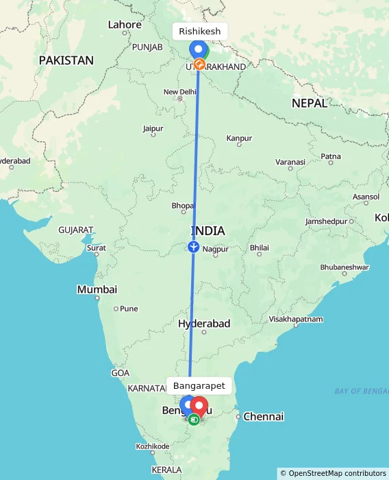 Route map showing distance and travel time from Rishikesh, India to Bangarapet, India