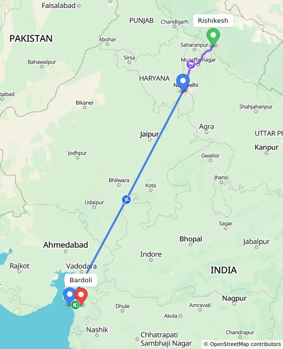 Route map showing distance and travel time from Rishikesh, India to Bardoli, India