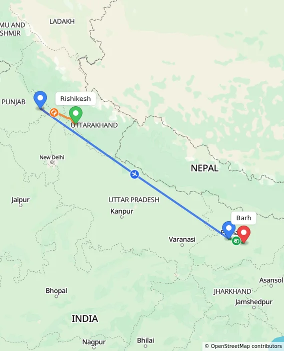 Route map showing distance and travel time from Rishikesh, India to Barh, India
