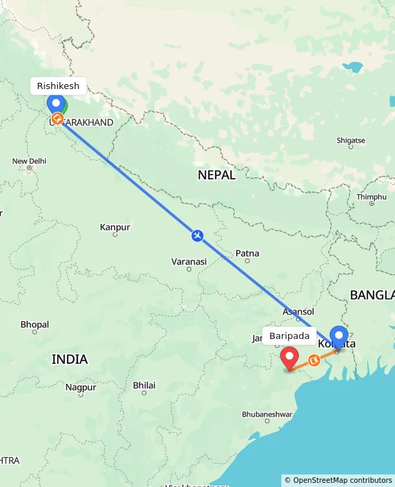 Route map showing distance and travel time from Rishikesh, India to Baripada, India