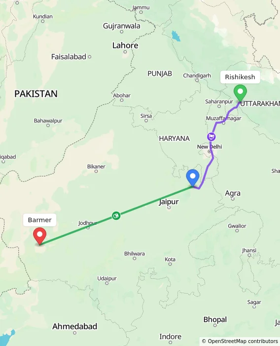 Route map showing distance and travel time from Rishikesh, India to Barmer, India