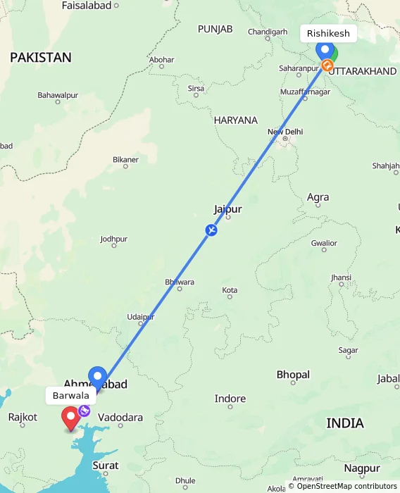 Route map showing distance and travel time from Rishikesh, India to Barwala, India