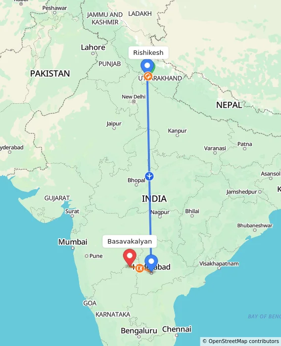 Route map showing distance and travel time from Rishikesh, India to Basavakalyan, India