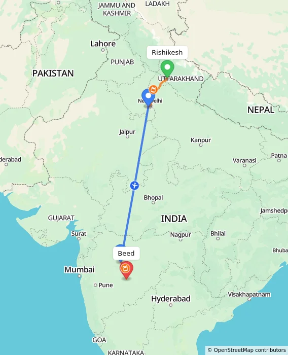 Route map showing distance and travel time from Rishikesh, India to Beed, India