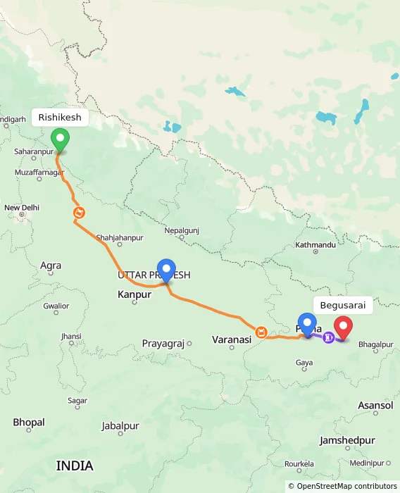 Route map showing distance and travel time from Rishikesh, India to Begusarai, India