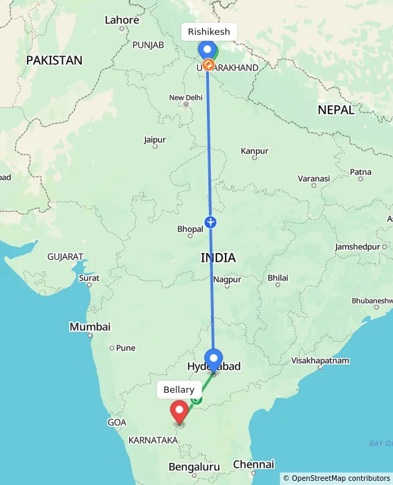 Route map showing distance and travel time from Rishikesh, India to Bellary, India