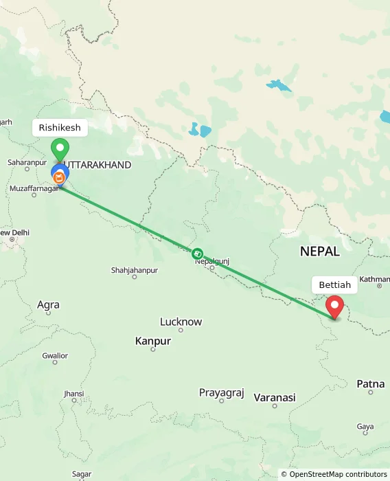 Route map showing distance and travel time from Rishikesh, India to Bettiah, India