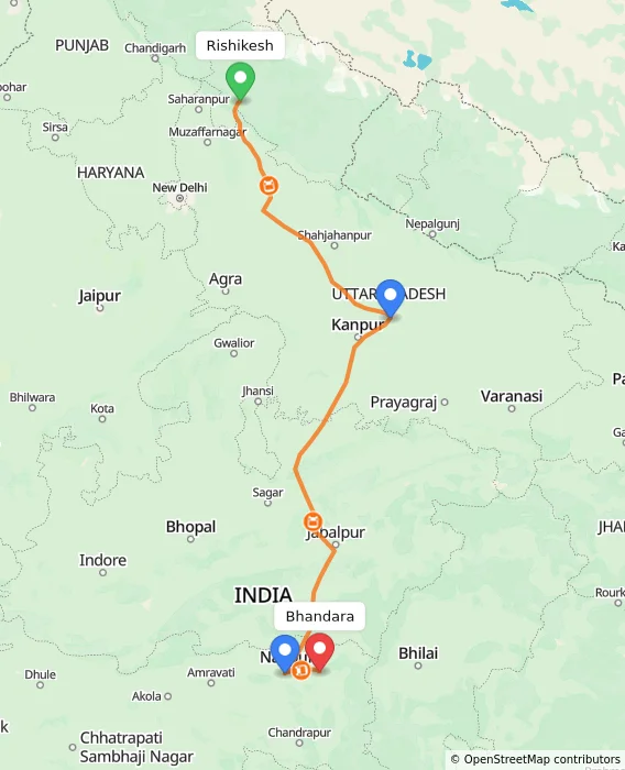 Route map showing distance and travel time from Rishikesh, India to Bhandara, India