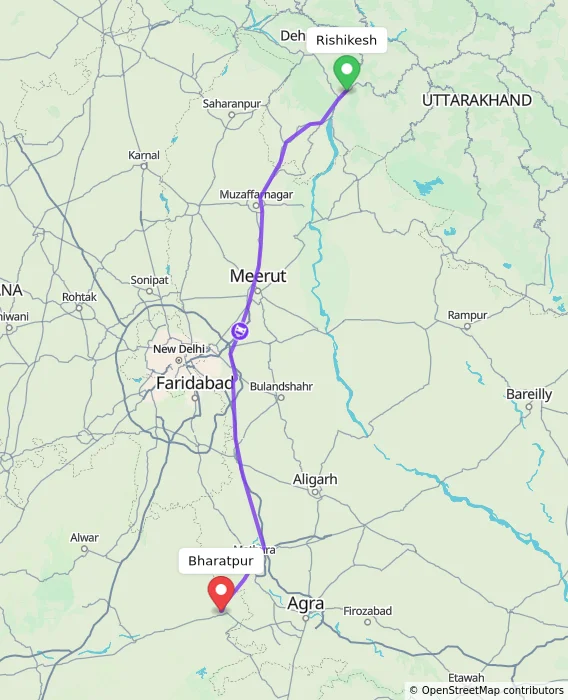 Route map showing distance and travel time from Rishikesh, India to Bharatpur, India