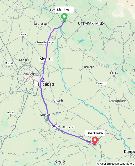 Route map showing distance and travel time from Rishikesh, India to Bharthana, India