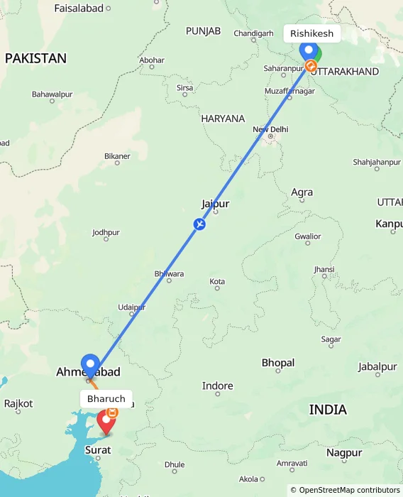 Route map showing distance and travel time from Rishikesh, India to Bharuch, India