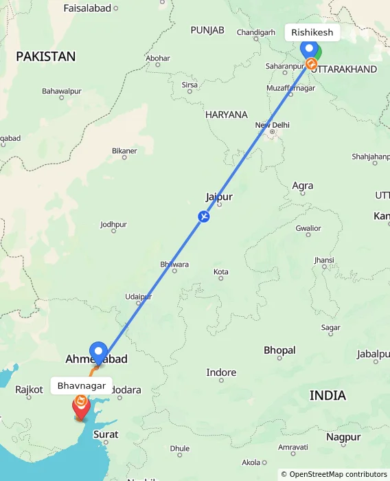 Route map showing distance and travel time from Rishikesh, India to Bhavnagar, India