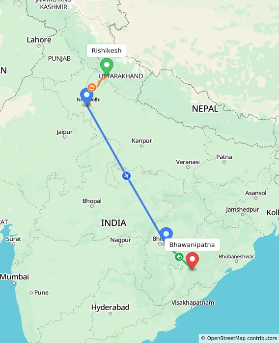 Route map showing distance and travel time from Rishikesh, India to Bhawanipatna, India