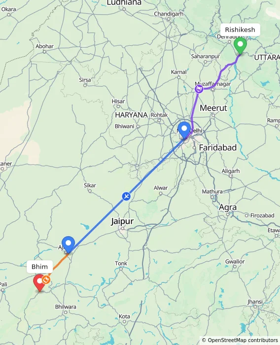 Route map showing distance and travel time from Rishikesh, India to Bhim, India