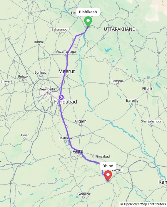 Route map showing distance and travel time from Rishikesh, India to Bhind, India