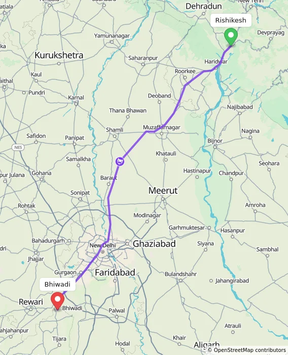 Route map showing distance and travel time from Rishikesh, India to Bhiwadi, India