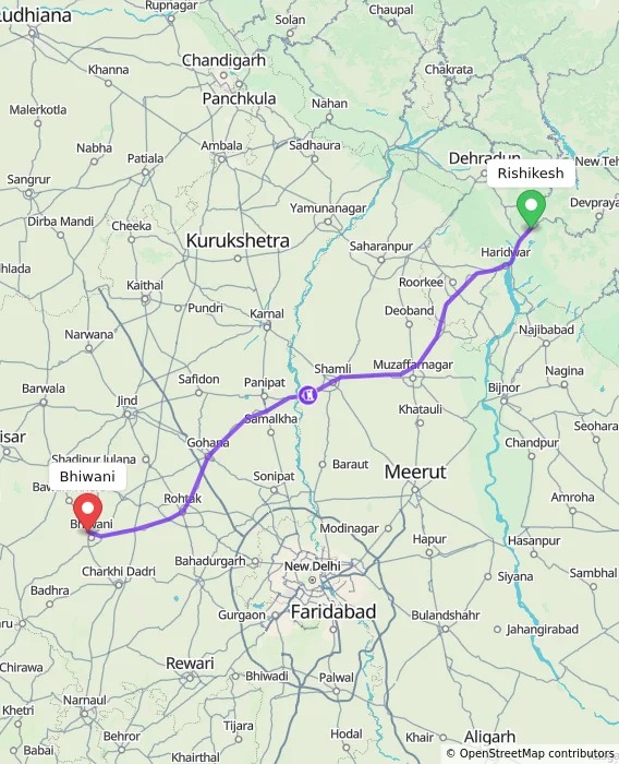 Route map showing distance and travel time from Rishikesh, India to Bhiwani, India