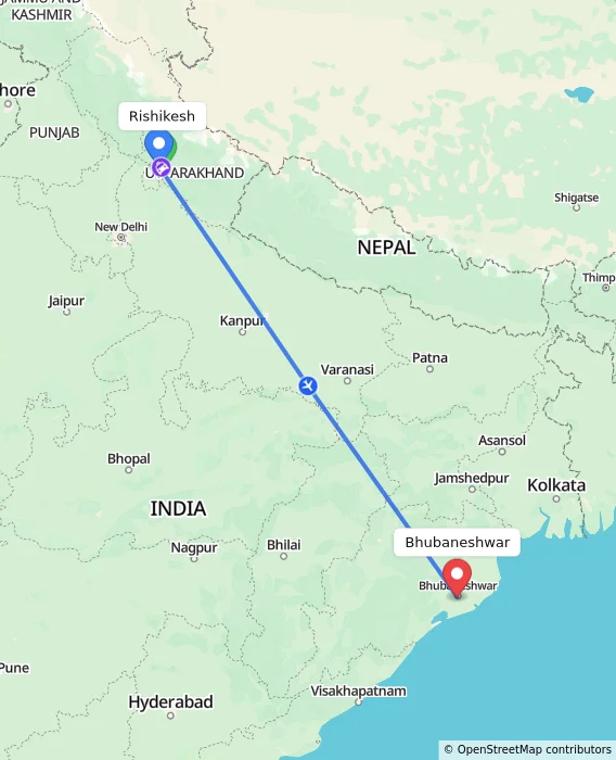 Route map showing distance and travel time from Rishikesh, India to Bhubaneshwar, India