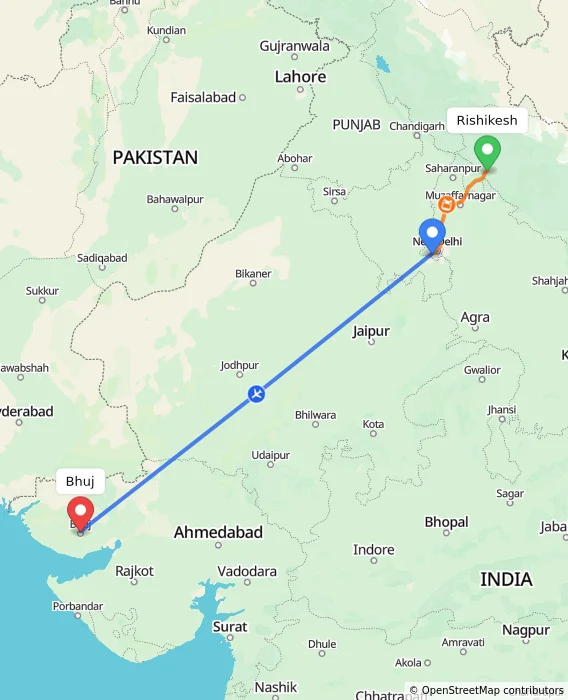 Route map showing distance and travel time from Rishikesh, India to Bhuj, India