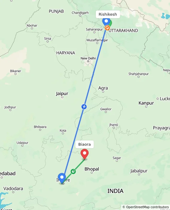 Route map showing distance and travel time from Rishikesh, India to Biaora, India