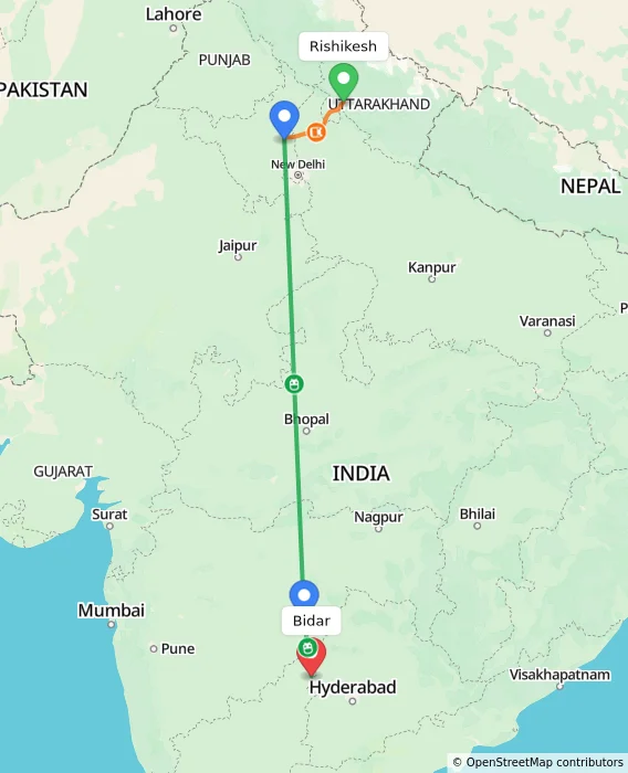 Route map showing distance and travel time from Rishikesh, India to Bidar, India