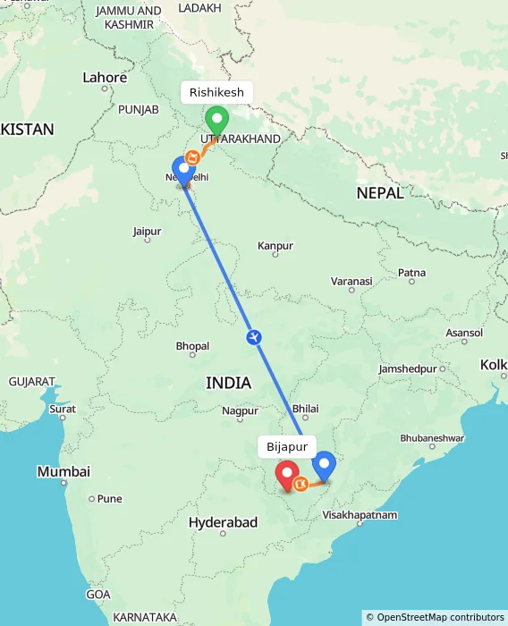 Route map showing distance and travel time from Rishikesh, India to Bijapur, India