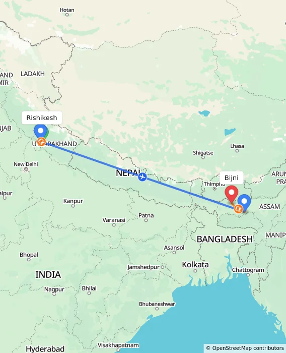 Route map showing distance and travel time from Rishikesh, India to Bijni, India