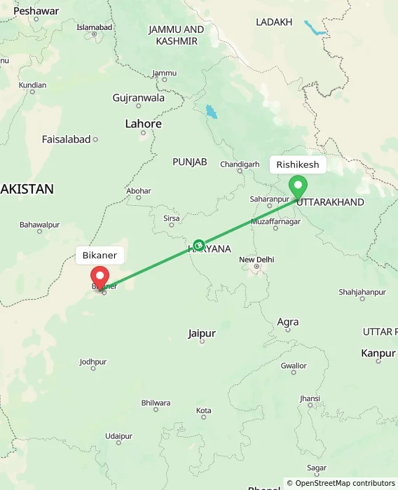 Route map showing distance and travel time from Rishikesh, India to Bikaner, India