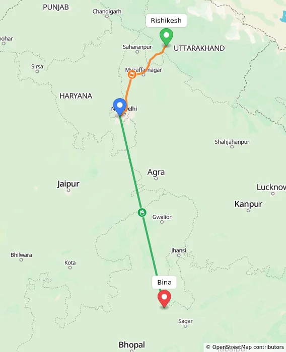 Route map showing distance and travel time from Rishikesh, India to Bina, India