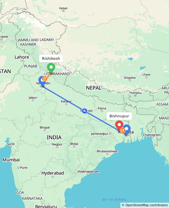 Route map showing distance and travel time from Rishikesh, India to Bishnupur, India